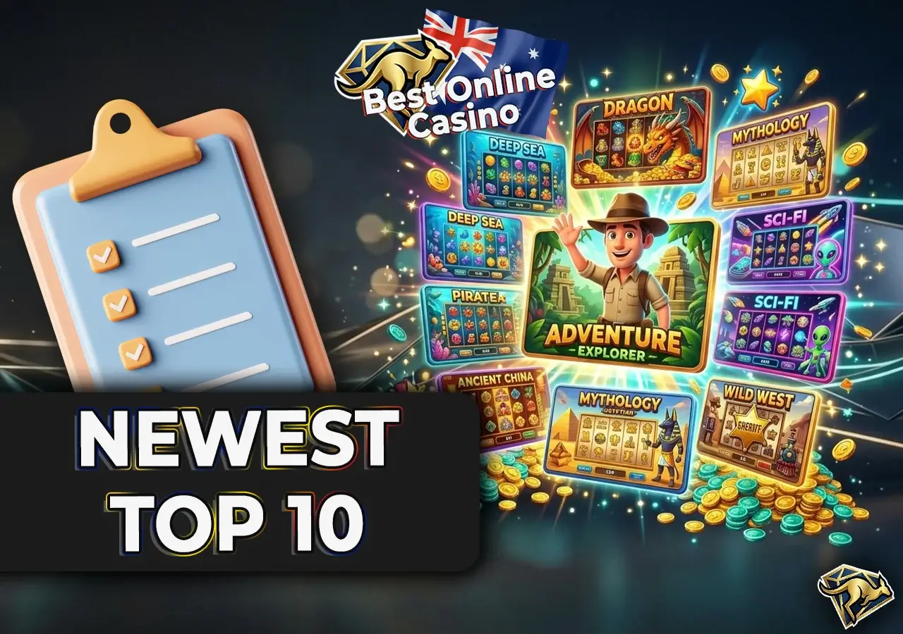 A dynamic cluster of vibrant new online slot game interfaces and themes.